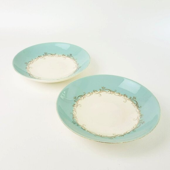 Lifetime China Homer Laughlin Soup Bowl Gold Crown Aqua Boarder Gold Scrolls MCM - Picture 1 of 13